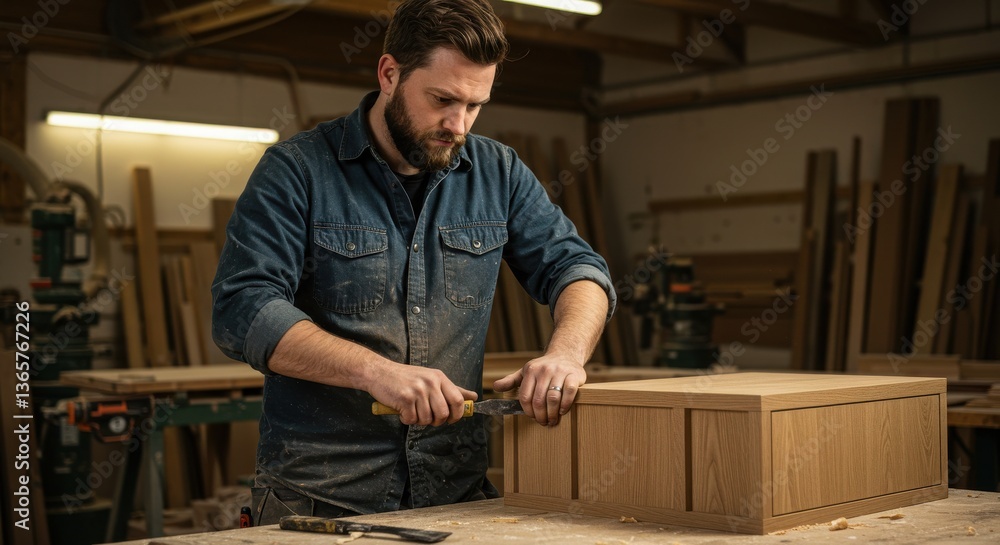 Skilled carpenter meticulously crafting a wooden box in a workshop surrounded by tools and materials Skilled carpenter meticulously crafting a wooden box in a workshop surrounded by tools and materials