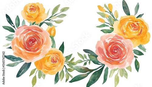 Watercolor painted roses and foliage arranged in a semi circle