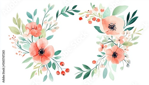 Beautiful watercolor floral arrangement featuring soft pink and green foliage