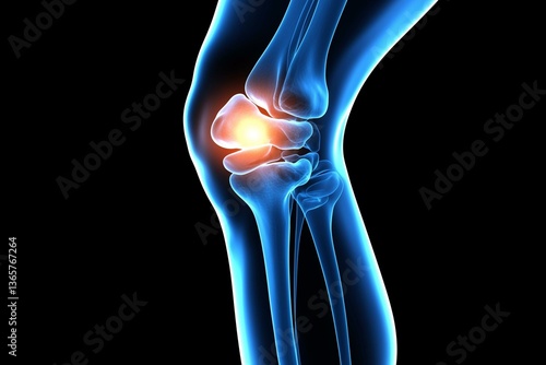 X-ray image of a knee joint showing inflammation and pain in the cartilage area