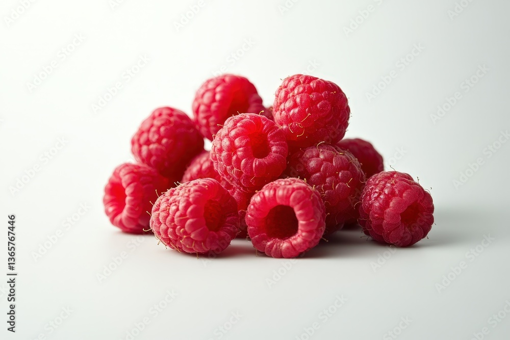 A small pile of freshly picked bright red raspberries sits together A small pile of freshly picked bright red raspberries sits together
