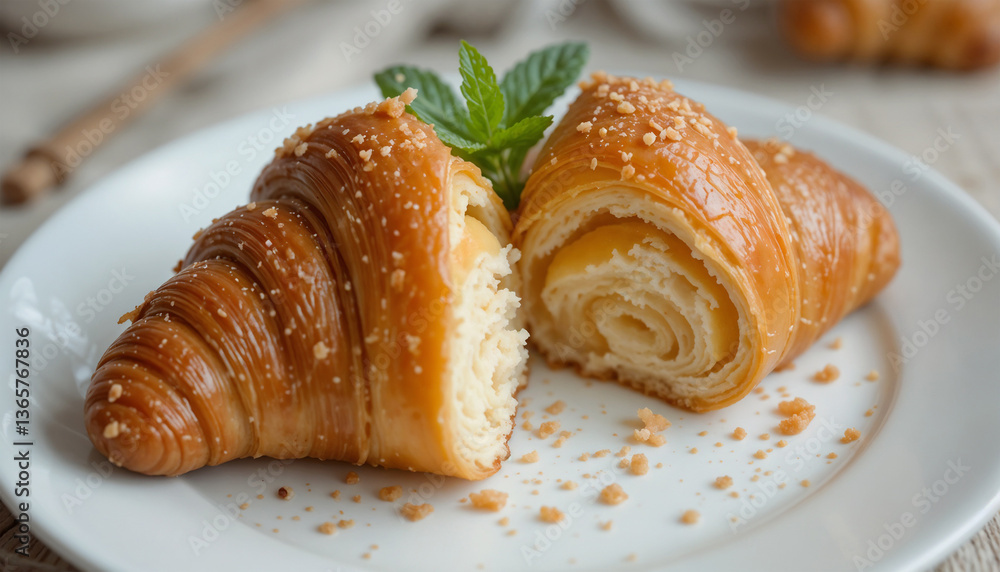 A croissant sliced open to reveal a smooth lemon filling inside, topped with a fresh mint leaf on a white plate A croissant sliced open to reveal a smooth lemon filling inside, topped with a fresh mint leaf on a white plate