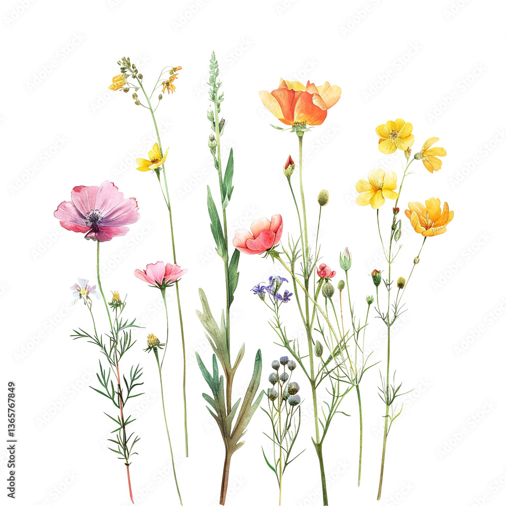 Fototapeta premium Assorted wildflowers with pink and yellow blooms arranged vertically