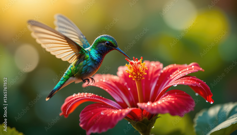 Fototapeta premium Vibrant Hummingbird Dancing Among Tropical Blooms