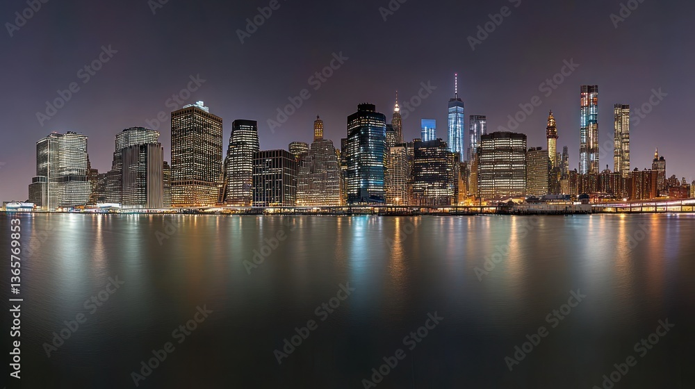 Obraz premium Night cityscape, Manhattan skyline, river reflection, urban panorama, travel