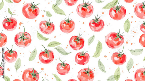 Seamless watercolor pattern featuring various types of tomatoes showcasing whole and halved tomatoes along with green leaves and branches on a white background 