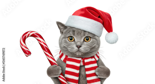 Foto Isolated Christmas Cat with Candy Cane and Hat