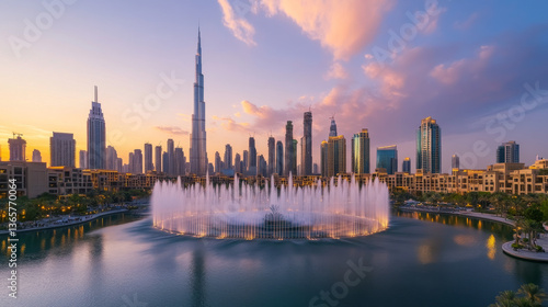 A breathtaking view of Dubaiâ€™s downtown skyline, featuring a picturesque fountain scene in 2024