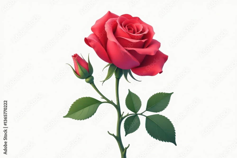 Fototapeta premium Single red rose, vector illustration, isolated on white , blossom, art, digital