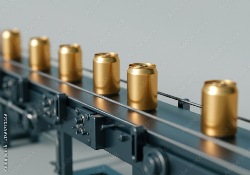 Golden cans on a conveyor belt in a modern production facility Golden cans on a conveyor belt in a modern production facility
