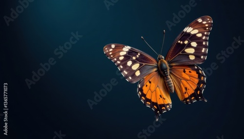 Butterfly in flight with wings spread wide against dark blue, landscape, flying
