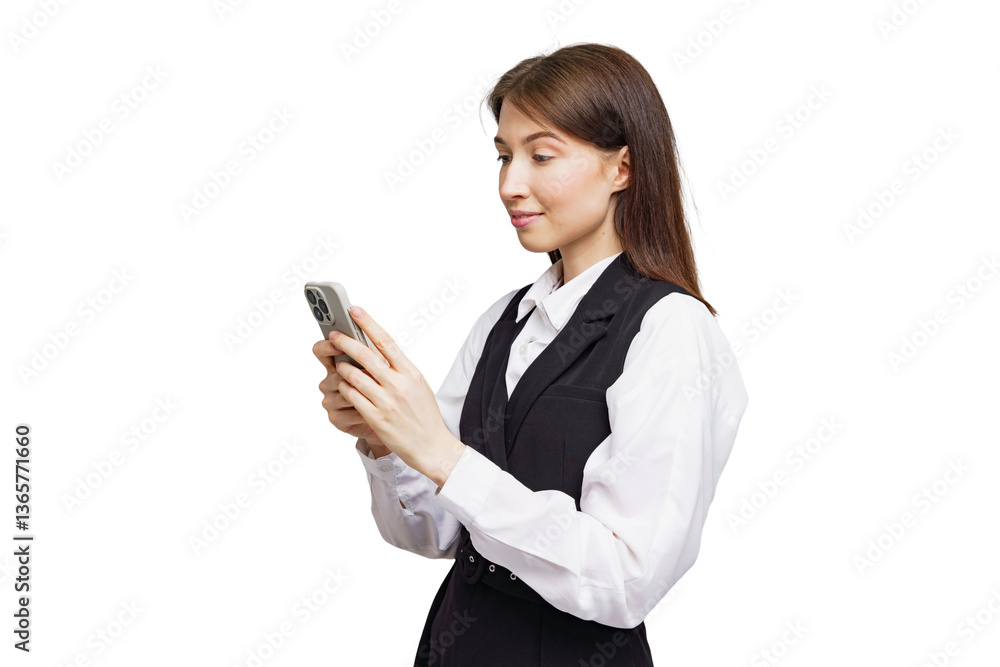 Businesswoman in formal attire engaging with smartphone in a minimalistic setting Businesswoman in formal attire engaging with smartphone in a minimalistic setting