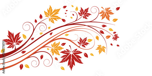 A vector illustration abstractly represents the falling of autumn leaves, utilizing swirling shapes and a warm, red-orange-yellow color spectrum