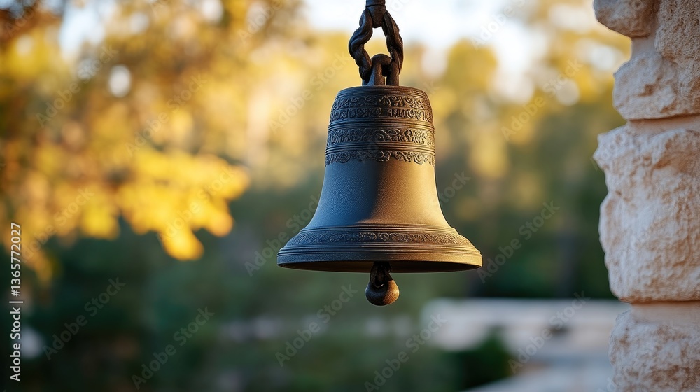 Obraz premium Ornate bell hanging from a rope, outdoors