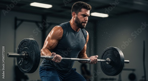 Young man performing bicep curls with a barbell in a modern gym, focused on strength training