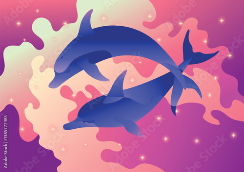 Surreal dolphins in vaporwave ocean fantasy with glowing stars and pastel gradients