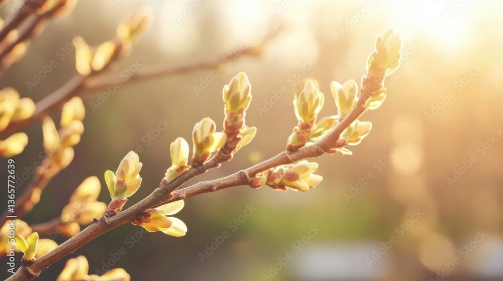 Fototapeta premium A close-up macro of tree branches with budding leaves covered in dewdrops, showcasing intricate botanical textures and fresh spring renewal.