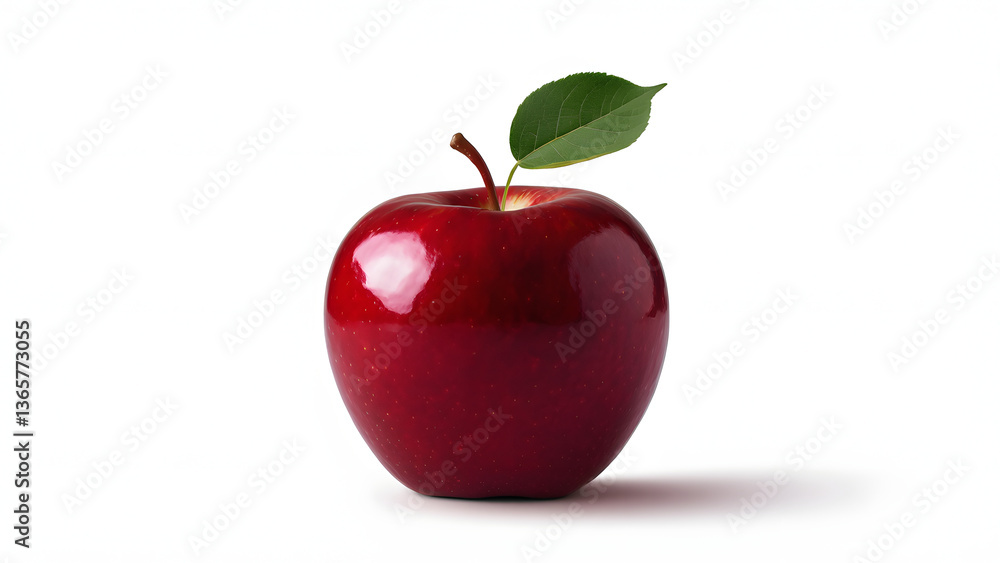 shiny red apple with a green leaf attached to the stem shiny red apple with a green leaf attached to the stem
