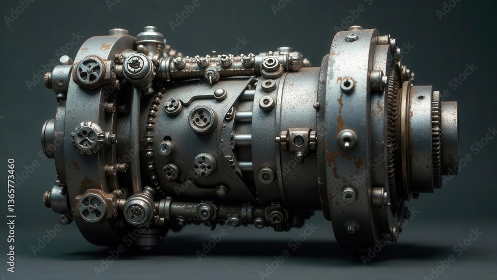 Intricate Steampunk-Inspired Metallic Apparatus with Gears, Pipes, and Valves on a Dark Background Intricate Steampunk-Inspired Metallic Apparatus with Gears, Pipes, and Valves on a Dark Background