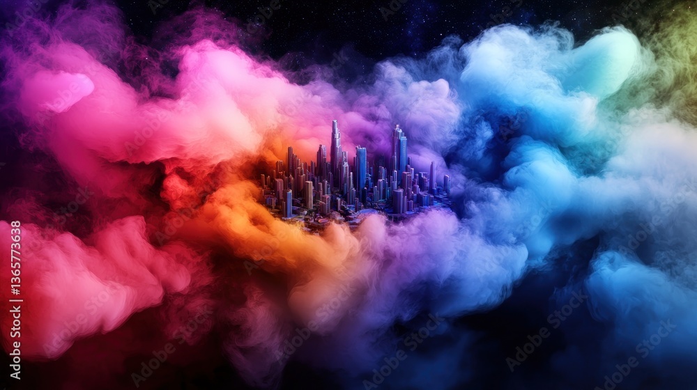Fototapeta premium Vibrant city skyline emerging from colorful clouds in a surreal cosmic landscape