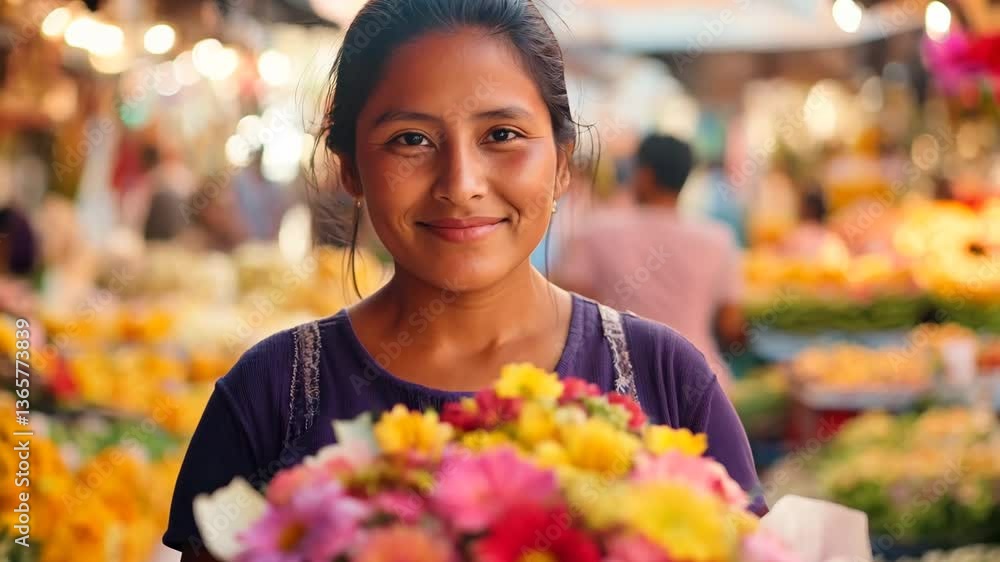 A cheerful woman stands in a vibrant flower market, holding a bouquet of fresh pink and yellow flowers. The warm lighting and bustling background create a lively and welcoming atmosphere A cheerful woman stands in a vibrant flower market, holding a bouquet of fresh pink and yellow flowers. The warm lighting and bustling background create a lively and welcoming atmosphere