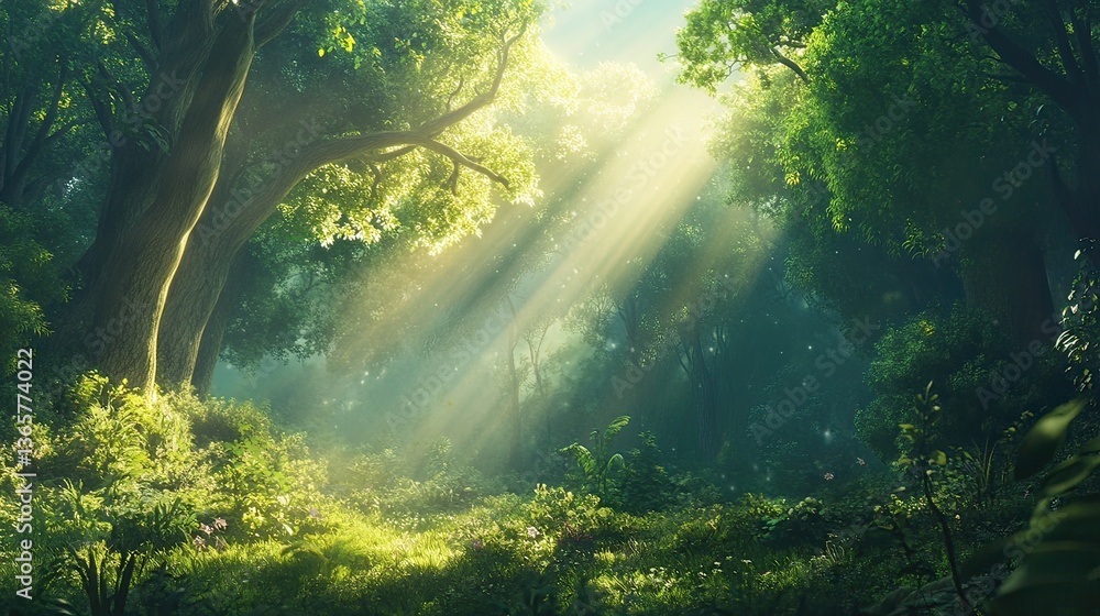 Obraz premium Sunlight streams through a lush forest