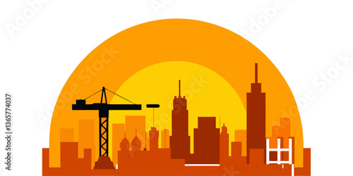Labor Day's vigor workers and machinery shape a city skyline at sunset
