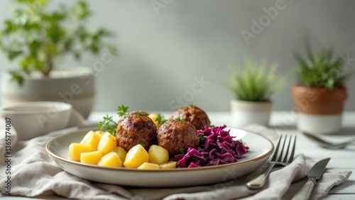 Frikadellen Meatballs with Red Cabbage and Boiled Potatoes, Dutch Food