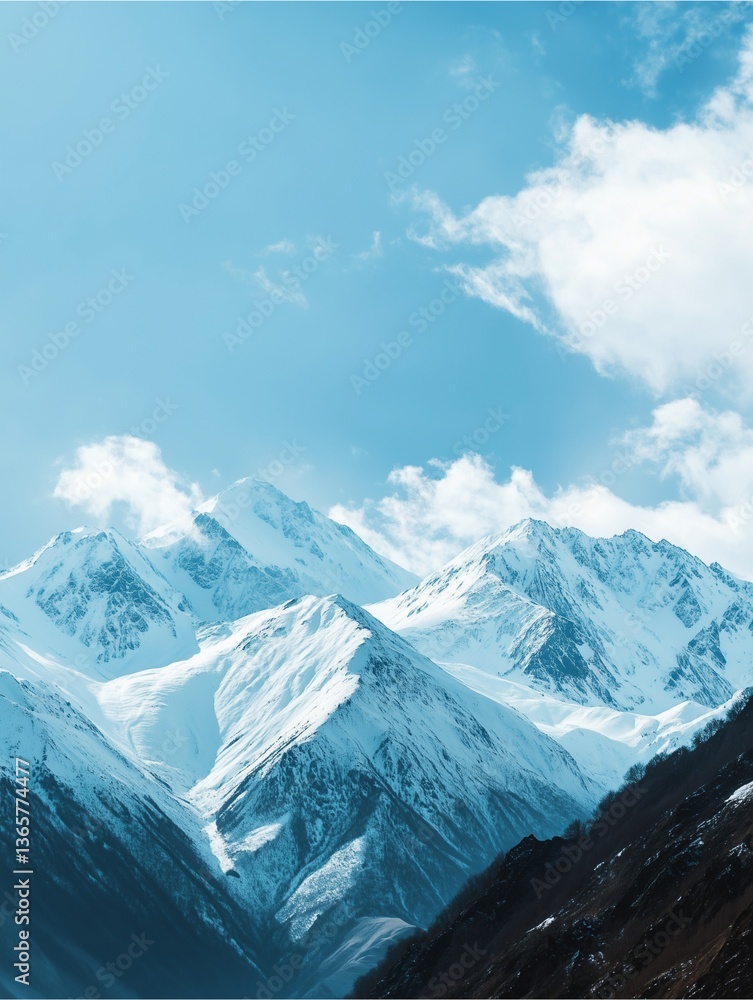 Obraz premium Majestic Peaks: A breathtaking vista of towering snow-capped mountains piercing the clear blue sky, with wisps of clouds dancing overhead.