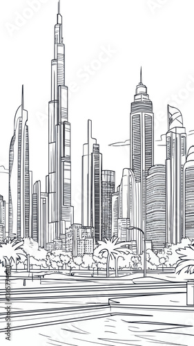 Dubai Cityscape Black and White Coloring Page for Adults with Iconic Skyline