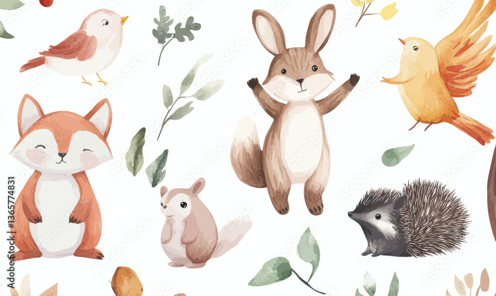Naklejka premium Cute Woodland Animals in Watercolor for Nursery Decor - Bunny Bear Fox Bird Hedgehog