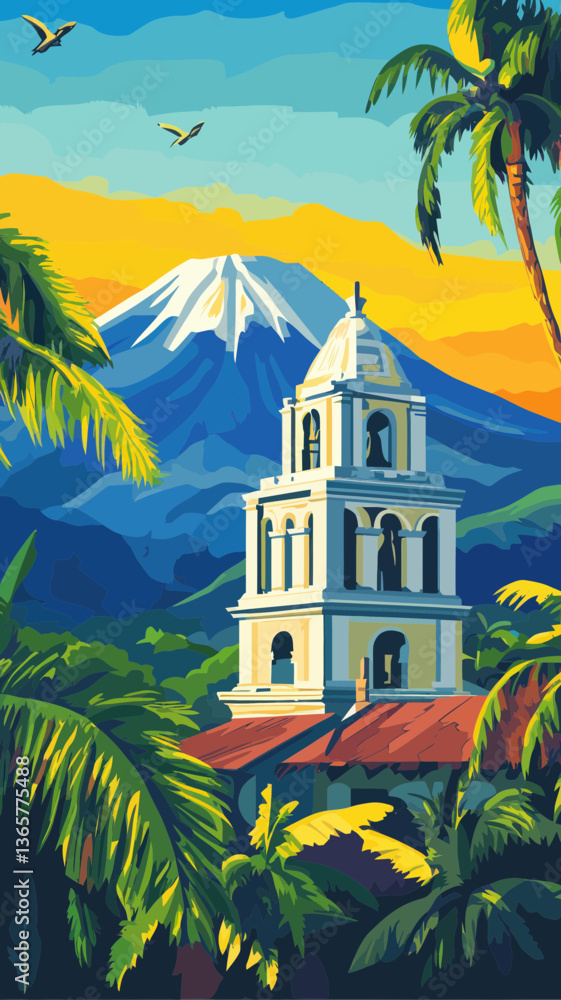 Obraz premium Mayon Volcano and Cagsawa Ruins Art Deco Poster in Bicol Region, Philippines Vector
