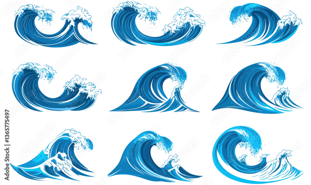 Fototapeta premium Minimalist Blue Ocean Waves Vector Set for Design and Illustration Projects