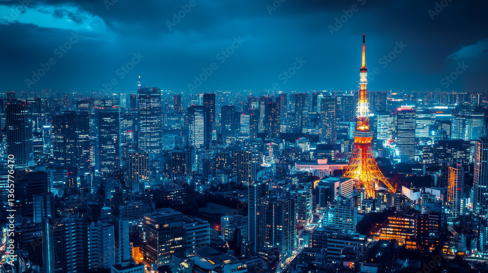 Obraz premium A dazzling nighttime view of Tokyo, Japan, with its skyline illuminated against the dark sky