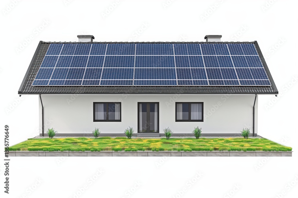Naklejka premium A modern house featuring solar panels on the roof, surrounded by a well-maintained lawn and small plants, emphasizing sustainability and eco-friendliness.