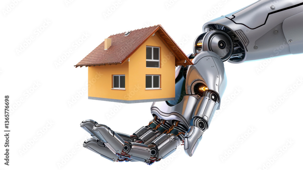 Robotic arm holding modern house on transparent background Robotic arm holding modern house on transparent background
