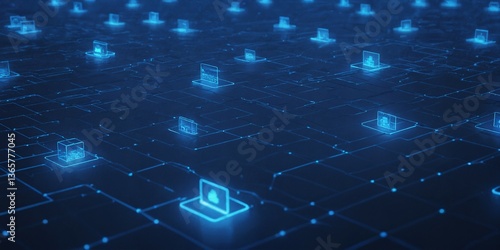 Futuristische digitale Infrastruktur mit holografischen Computer-Interfaces auf vernetzter Datenplattform