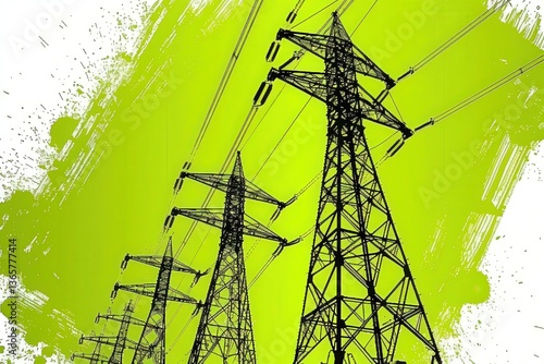 A striking image of high-voltage power lines against a vibrant green backdrop, showcasing the intersection of technology and nature.