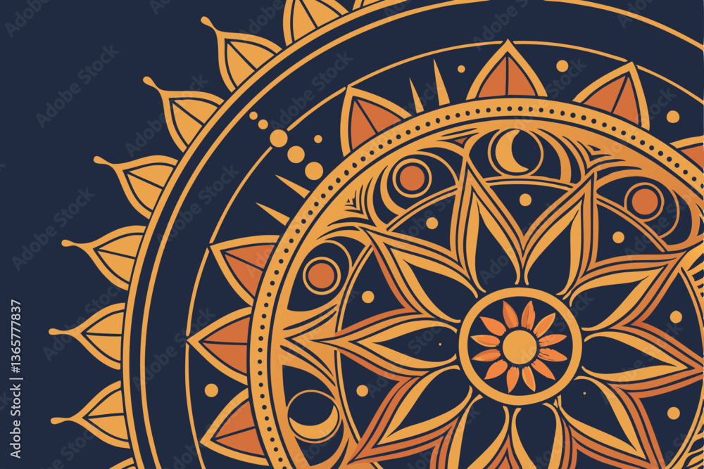 Fototapeta premium 41 Intricate mandala design, golden and orange hues, deep blue background, symmetrical patterns, ornate details, geometric shapes, radial composition, sacred geometry, spiritual artwork, metallic acce
