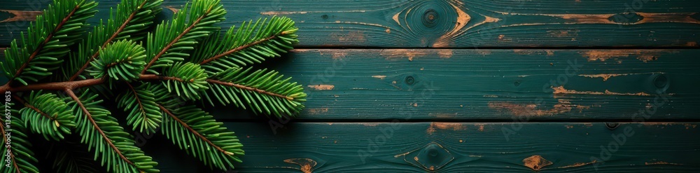 Fototapeta premium Dark green spruce bough, weathered wood plank, weathered, organic, nature