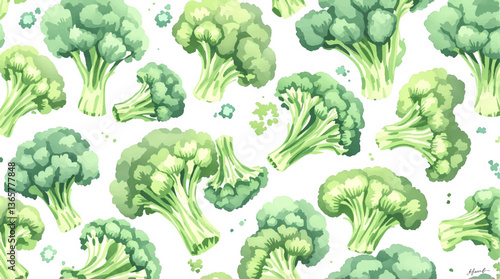 Vibrant watercolor broccoli and greens pattern for fresh produce designs