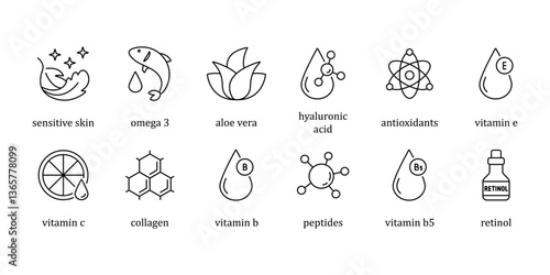 Organic cosmetic line icons set. Organic skin care components or labels. Sensitive Skin, Vitamin C, Omega-3 Fatty Acids, Hyaluronic Acid, Vitamin E, Aloe Vera, Retinol, Collagen, Peptides,