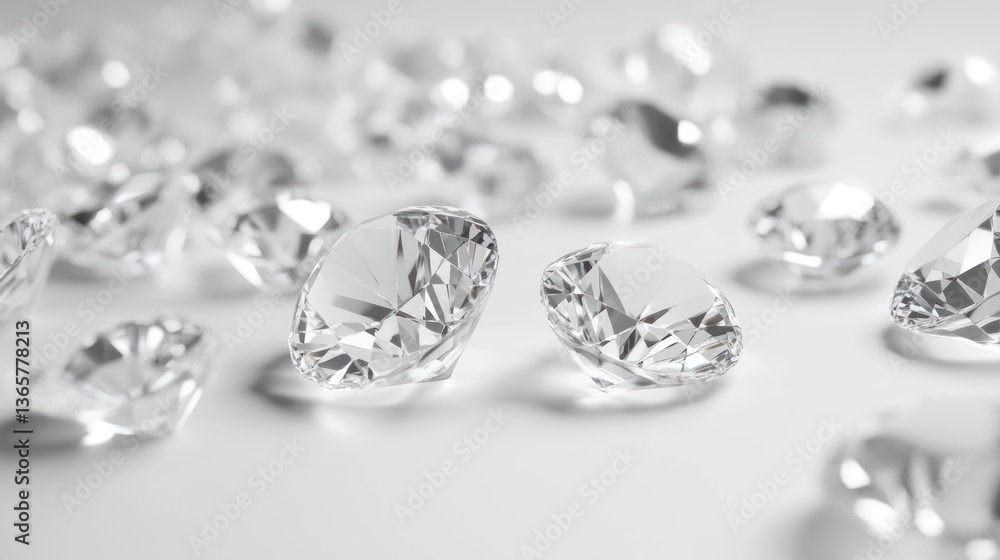 Sparkling diamonds scattered on a white surface. Sparkling diamonds scattered on a white surface.
