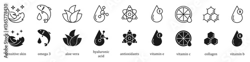 Organic cosmetic line icons set. Organic skin care components or labels. Sensitive Skin, Vitamin C, Omega-3 Fatty Acids, Hyaluronic Acid, Vitamin E, Aloe Vera, Retinol, Collagen, Peptides,