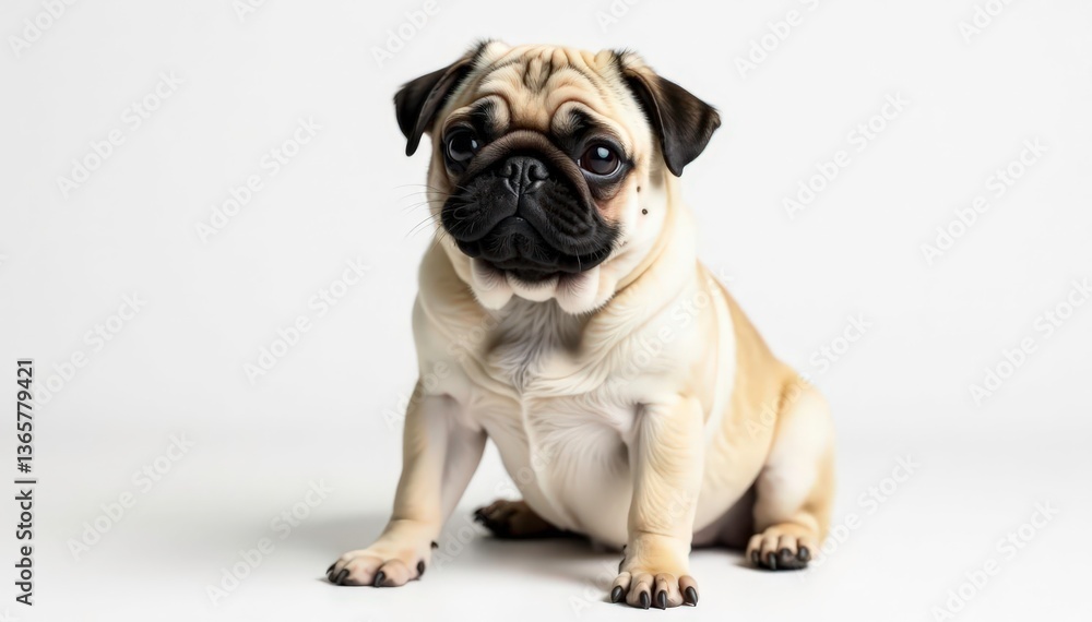Fototapeta premium A solo pug, showcasing its endearing features on a stark white backdrop, dog breeds, companion, breeds