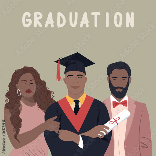Happy african american student with mom and dad. Graduation greeting card. Proud parents are smiling with their chidren. Academic degree