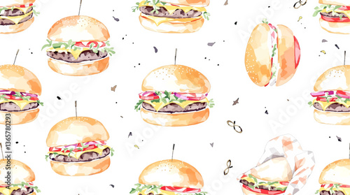  Watercolor pattern a burger on white background	