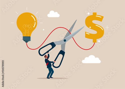 Hand holding scissors cut the connected wire between light bulb and dollar. No financial support for startup and company. Modern vector illustration in flat style