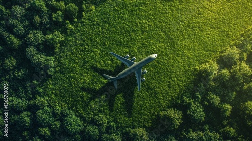 Aerial view of an airplane flying over a lush green forest.