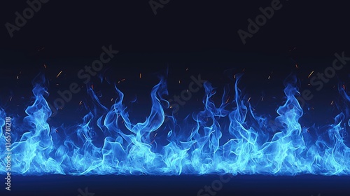 Beautiful bright blue flames burning on a dark black background